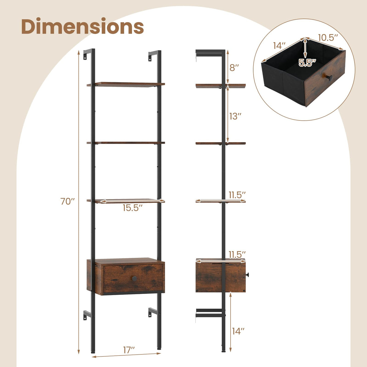 5-Tier Ladder Bookcase with Drawer T275