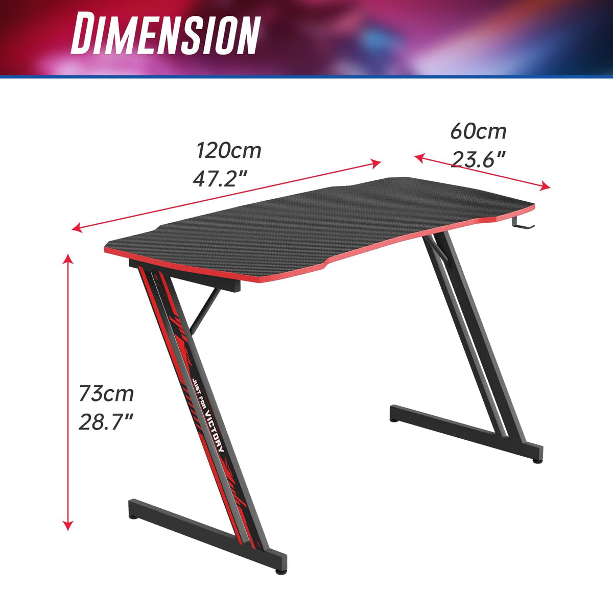 47.2 Inch Z Shaped Carbon Fiber Gaming Desk with Headphone Hook L2196