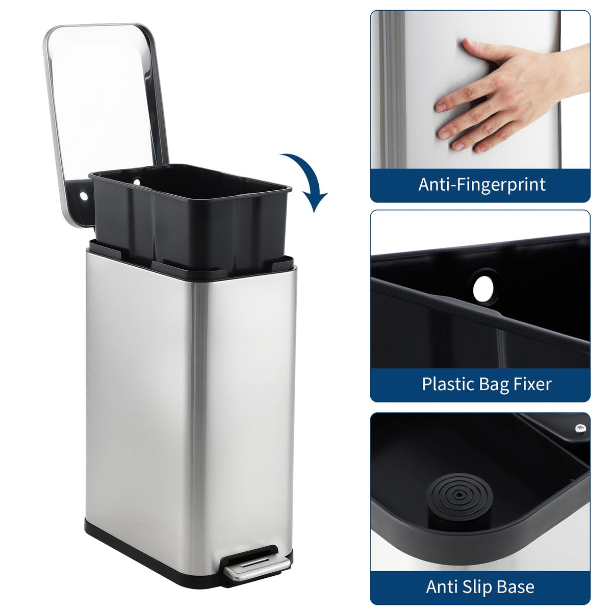 50L Slim Stainless Steel Step Trash Can with Soft-Close Lid J331