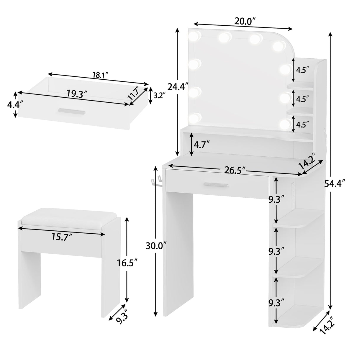 White Small Vanity Set with Chair, Mirror & Lights E4812