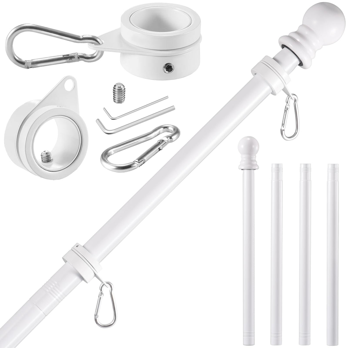 White 5 FT Stainless Steel Wall Mount Flag Pole Kit with 360° Rotating Rings M214778