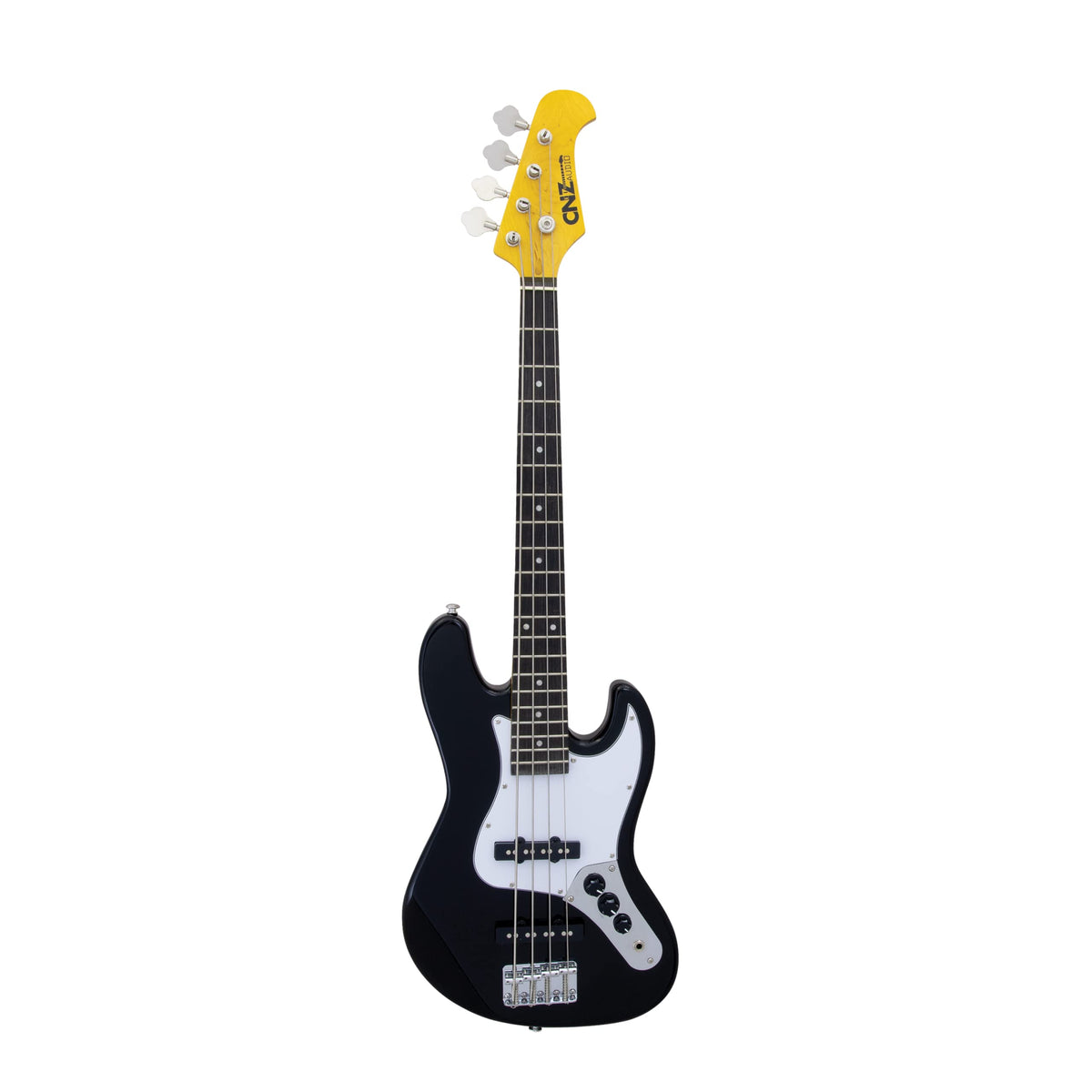 Black Mini Electric Bass Guitar with Maple Neck, Rosewood Fingerboard & White Pickguard C12498