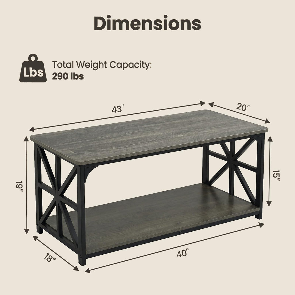 2-Tier Rectangular Coffee Table with Wooden Top and Metal Frame C2696