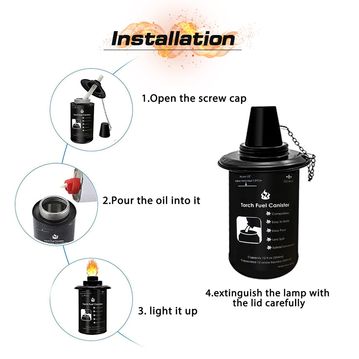 6 Pack 12 oz Refillable Torch Canisters with Wicks and Covers C909