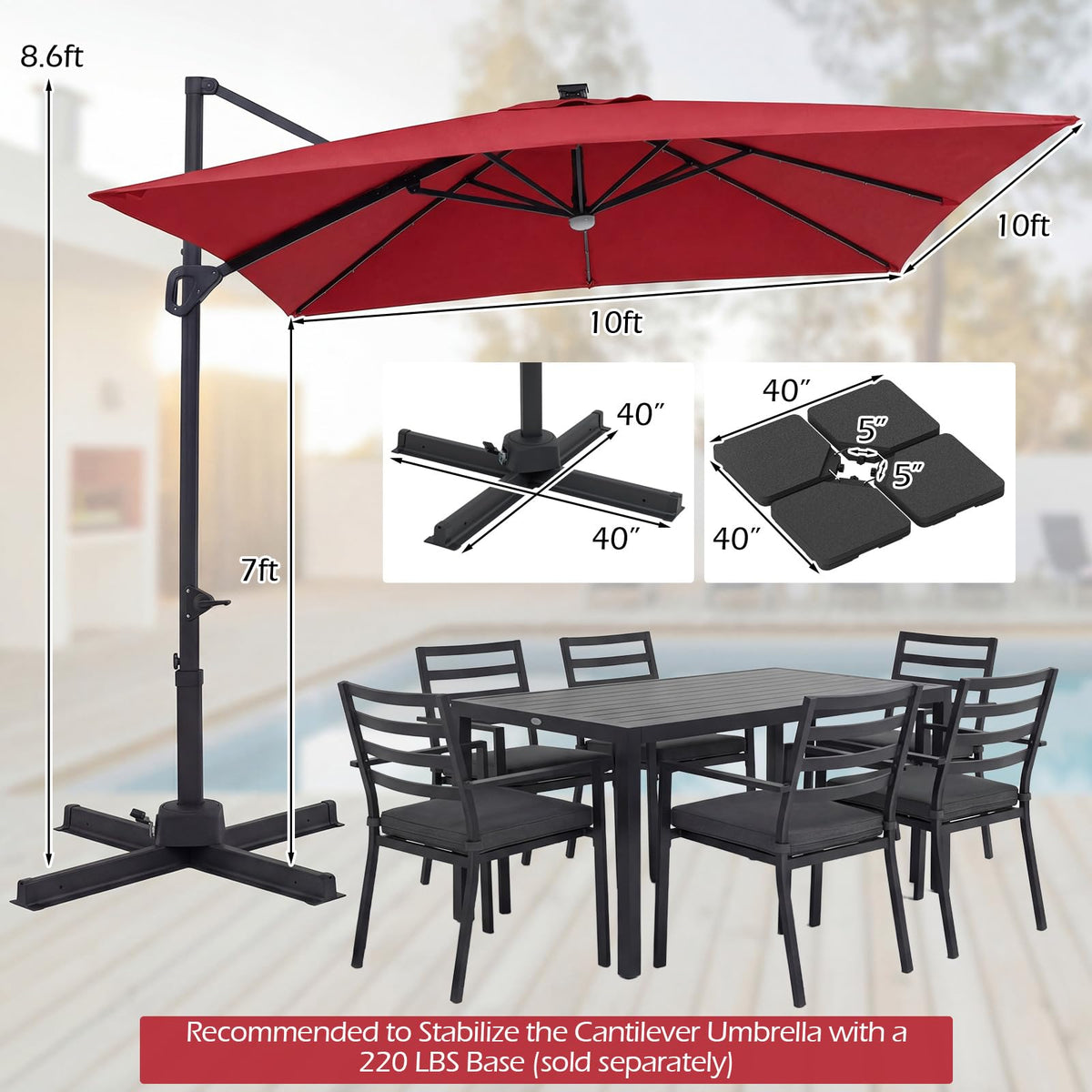 10ft Solar LED Patio Umbrella with Aluminum Pole D125623