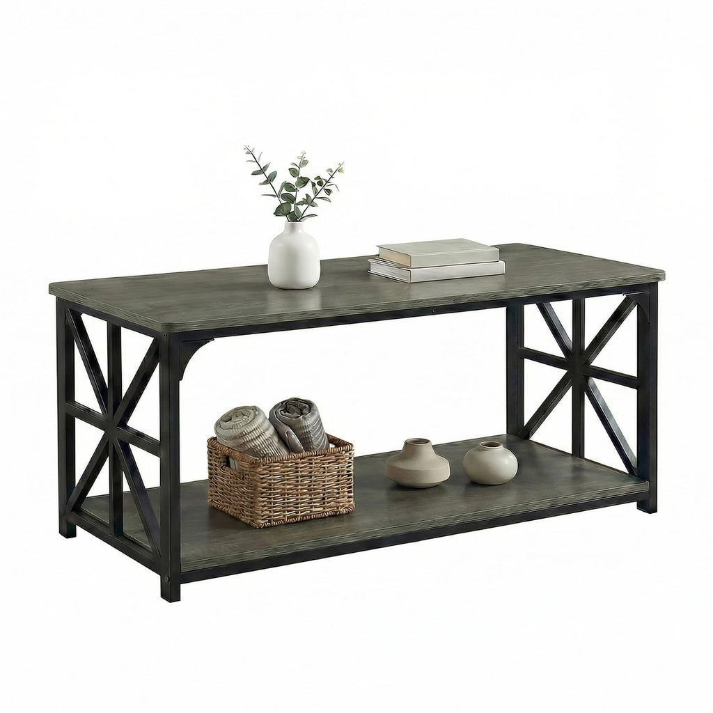 2-Tier Rectangular Coffee Table with Wooden Top and Metal Frame C2696