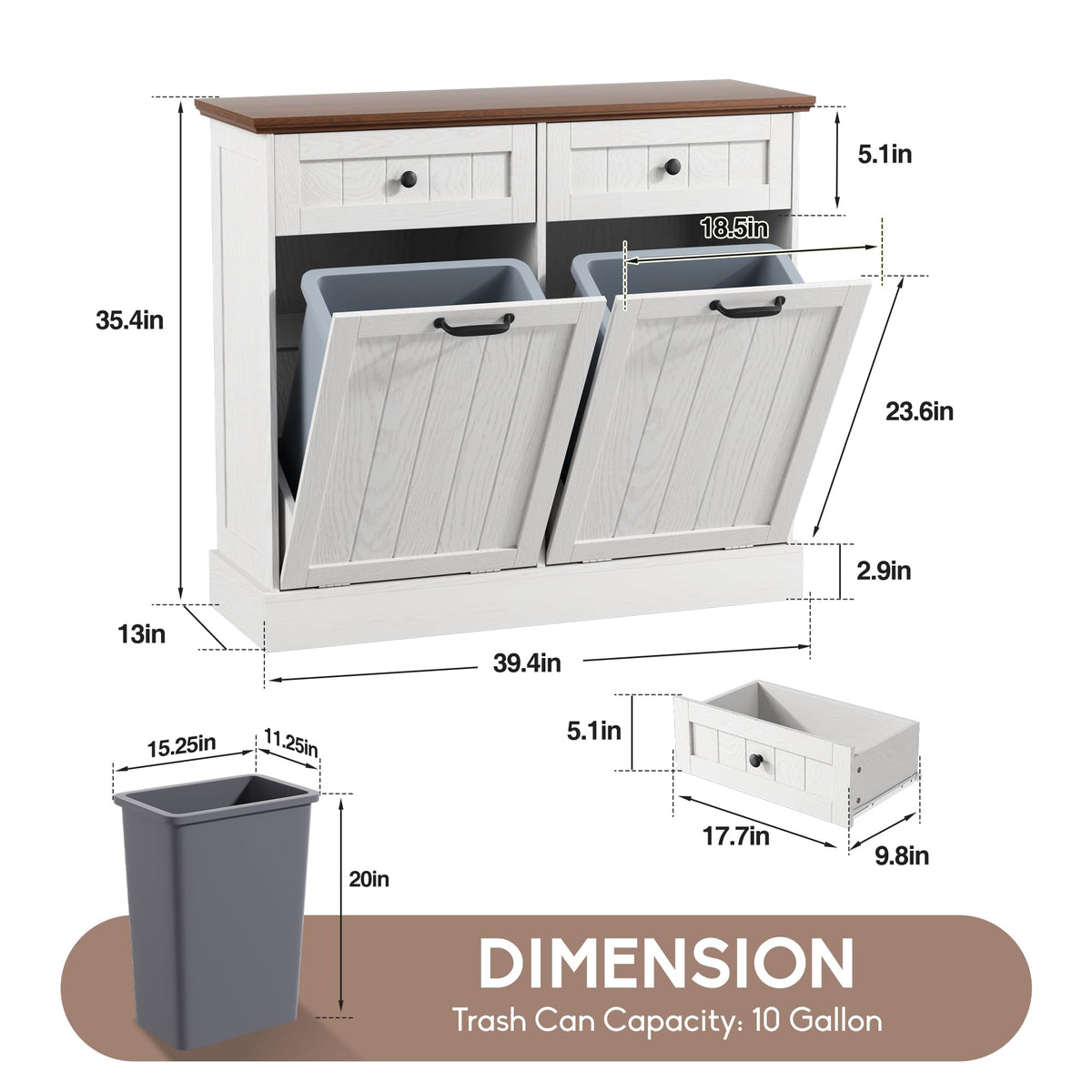 White 2x10 Gallons Tilt Out Trash Can Cabinet T68886