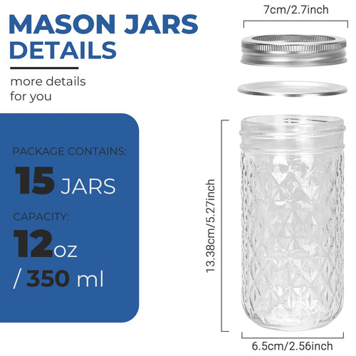 12 oz Regular Mouth Glass Mason Jar 15 Pack N643535