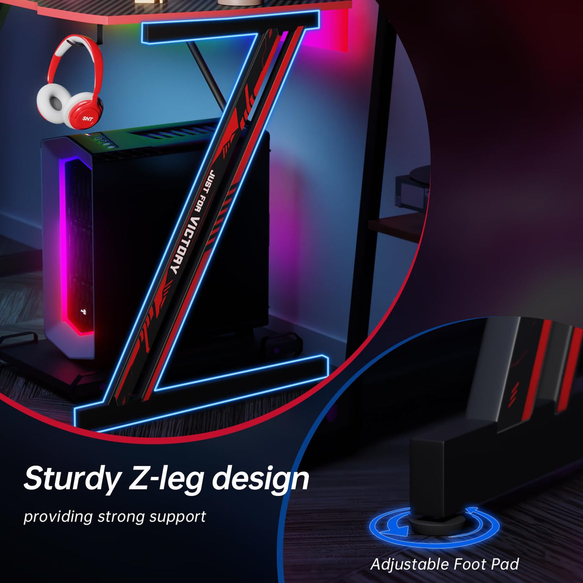 47.2 Inch Z Shaped Carbon Fiber Gaming Desk with Headphone Hook L2196