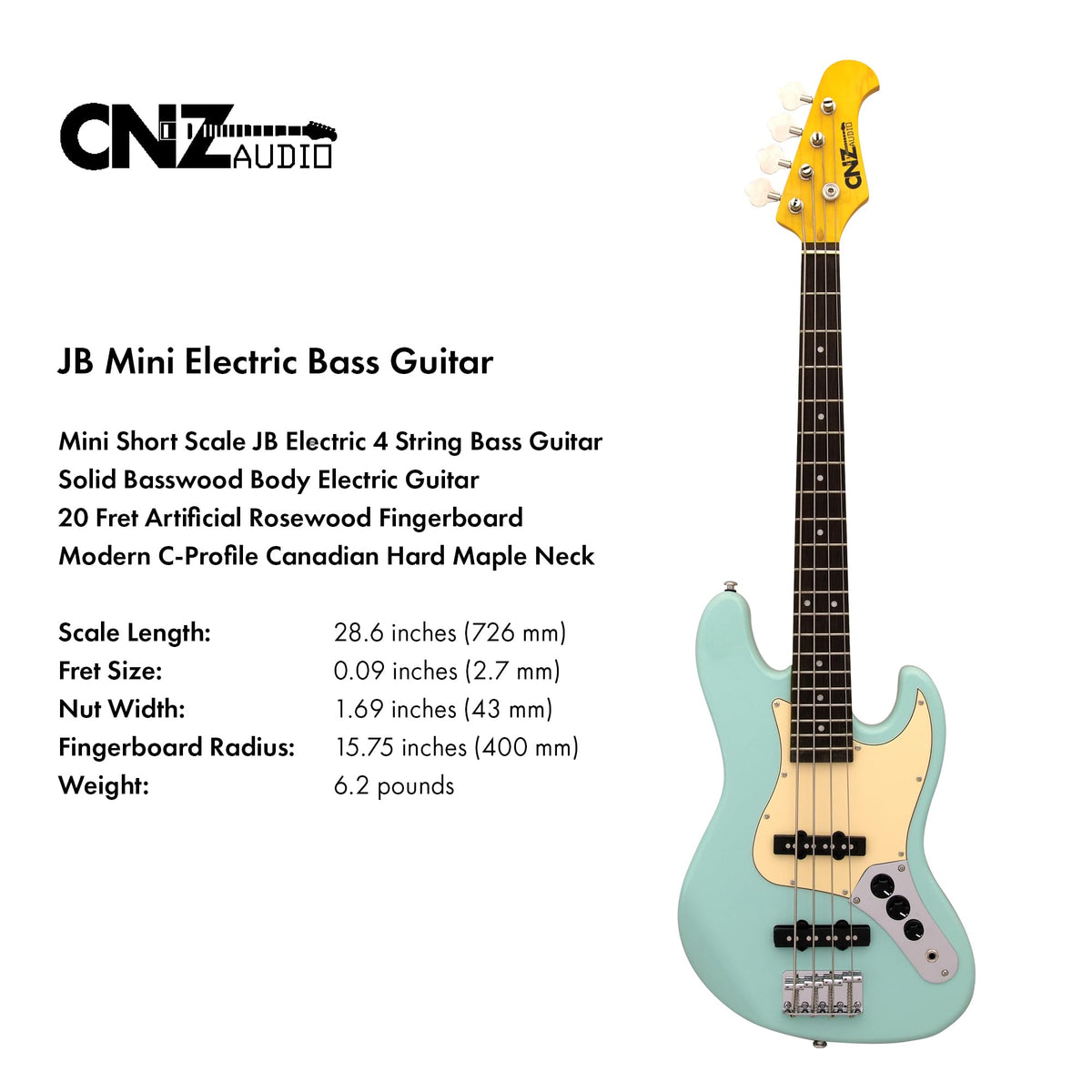 Black Mini Electric Bass Guitar with Maple Neck, Rosewood Fingerboard & White Pickguard C12498