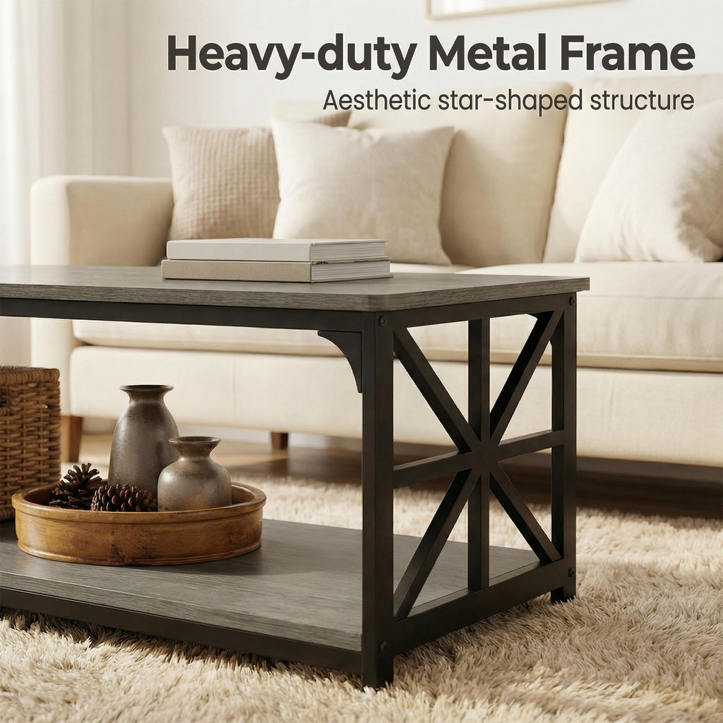 2-Tier Rectangular Coffee Table with Wooden Top and Metal Frame C2696