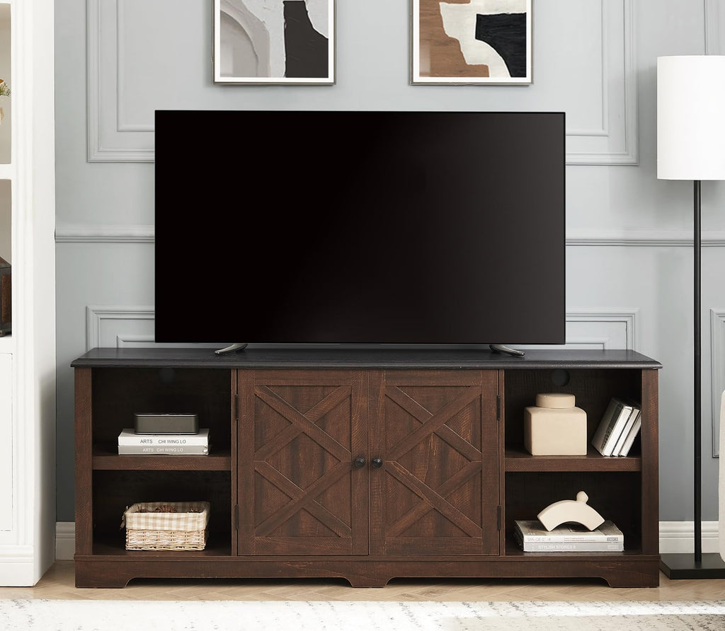 Espresso and Black TV Media Stand with Open Shelves and Closed Cabinets N398