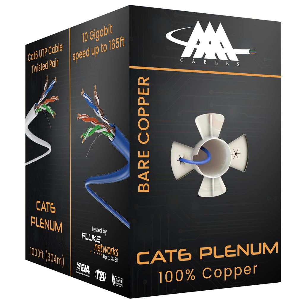 Cat6 Plenum Cable 1000Ft Bare Copper 23AWG Blue E594560