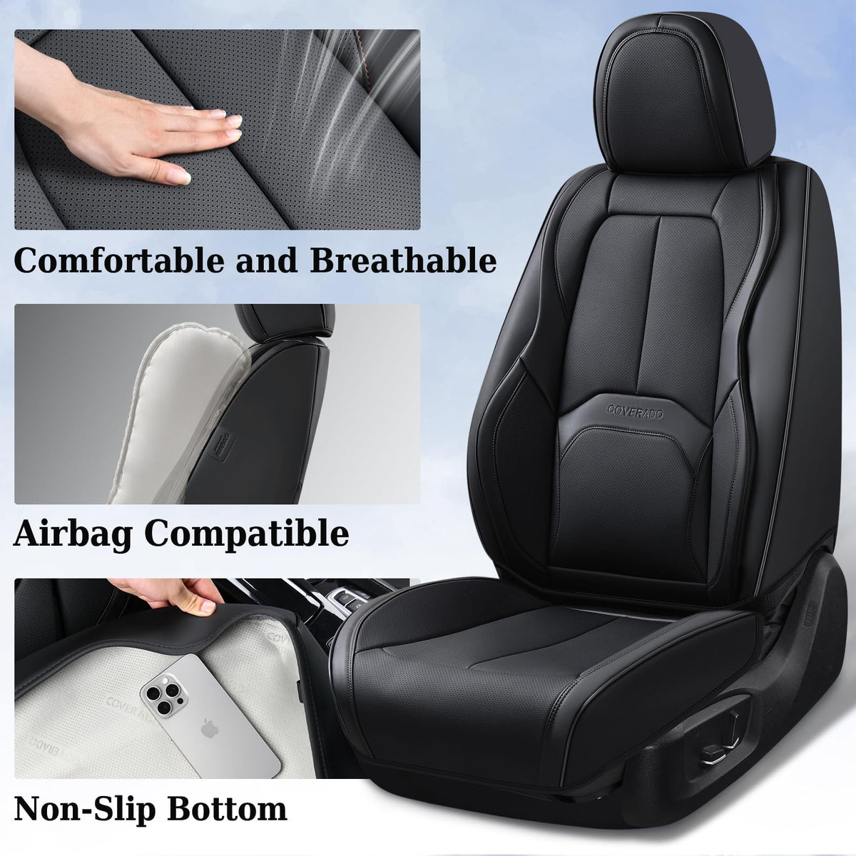 Black Leather Car Seat Covers Full Set D73582