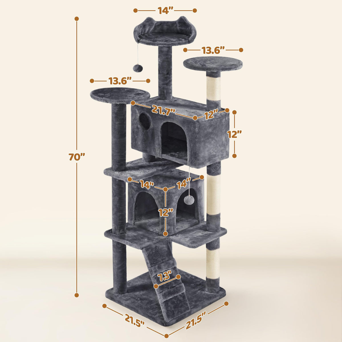 70in Multi-Level Cat Tree with Sisal Scratching Posts C50936