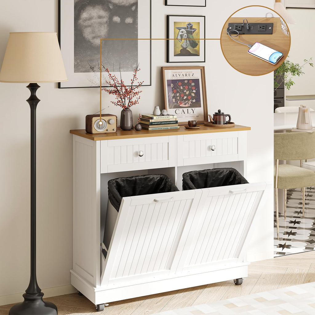 20 Gallon Wooden Tilt-Out Trash Can Cabinet with 2 Drawers, White B53464