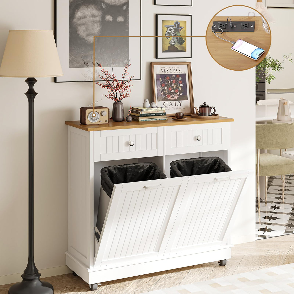 20 Gallon Wooden Tilt-Out Trash Can Cabinet with 2 Drawers, White B53464