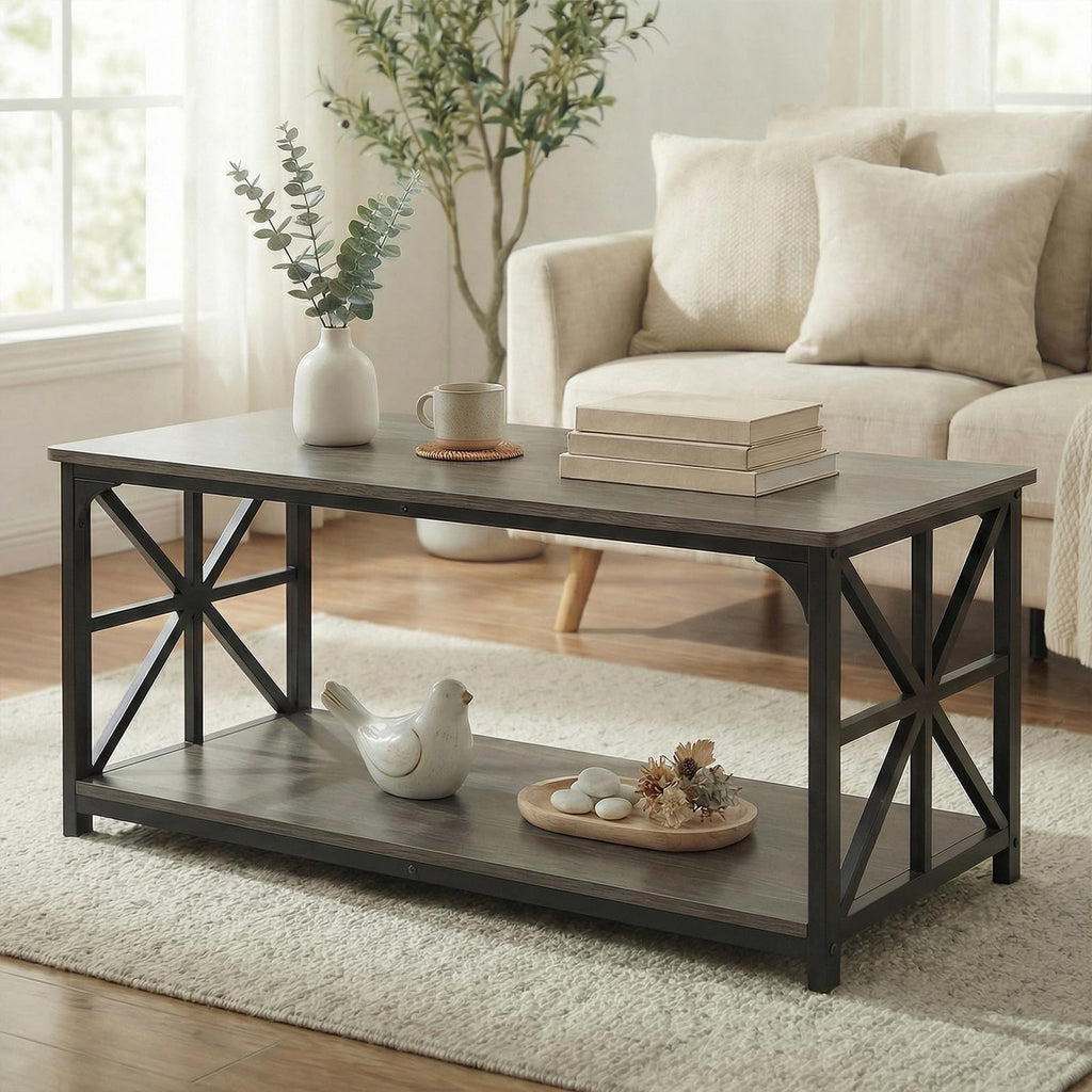 2-Tier Rectangular Coffee Table with Wooden Top and Metal Frame C2696