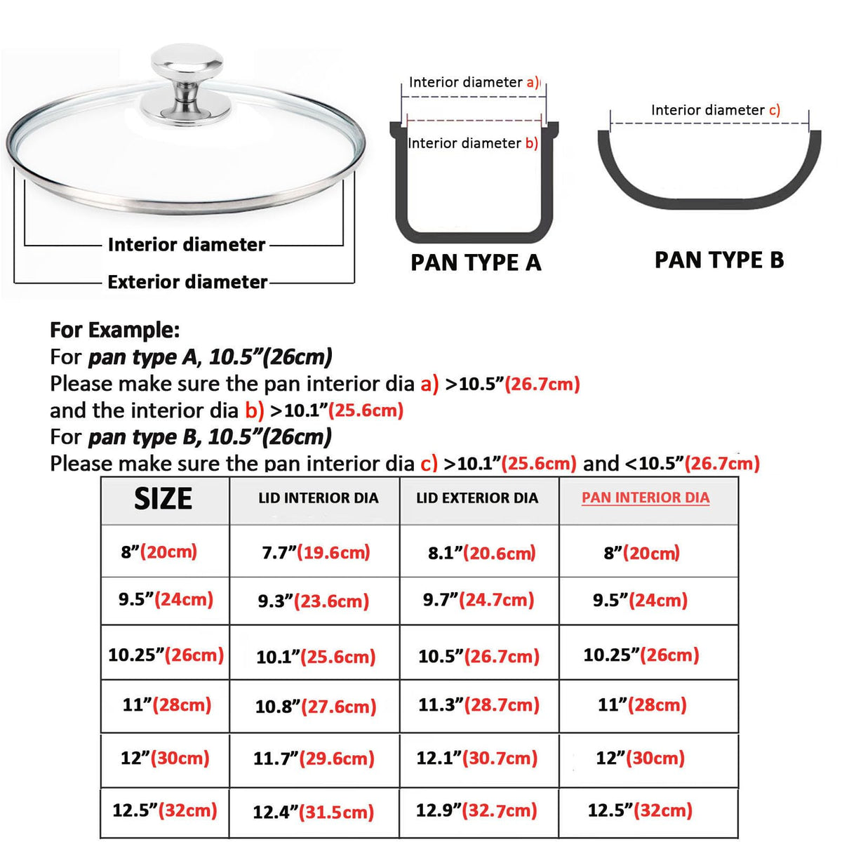 Glass Lids for Frying Pans, Pots, Cast Iron Pans B958