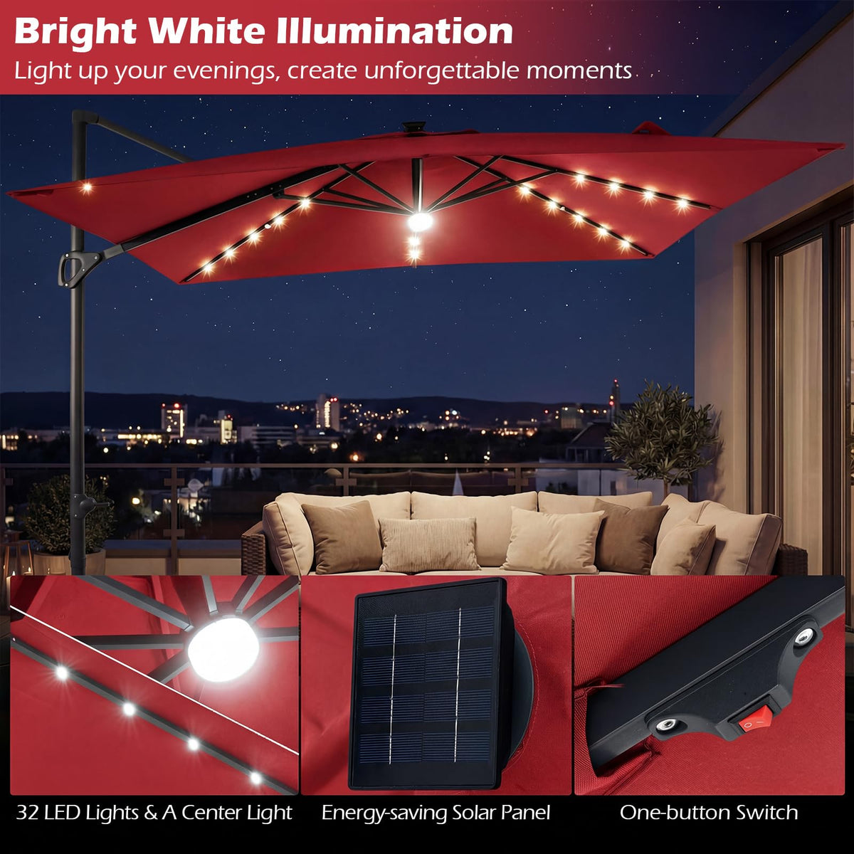 10ft Solar LED Patio Umbrella with Aluminum Pole D125623