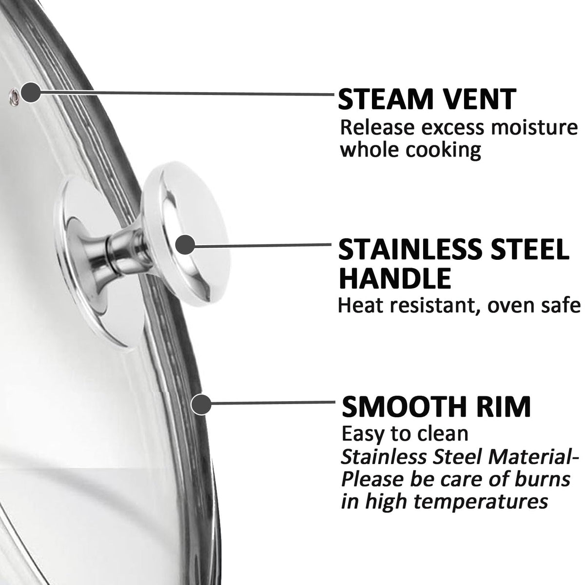 Glass Lids for Frying Pans, Pots, Cast Iron Pans B958