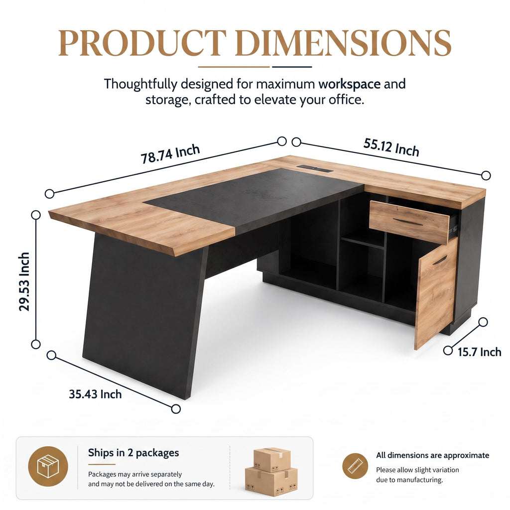 Black and Wood L Shape Executive Desk with Drawers and Shelves U637