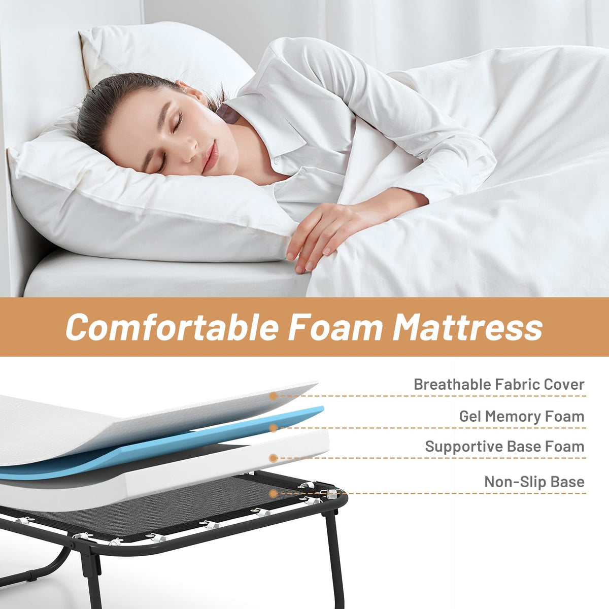 Folding Bed with Mattress Cot Size 75” x 31” Memory Foam Metal Frame C536