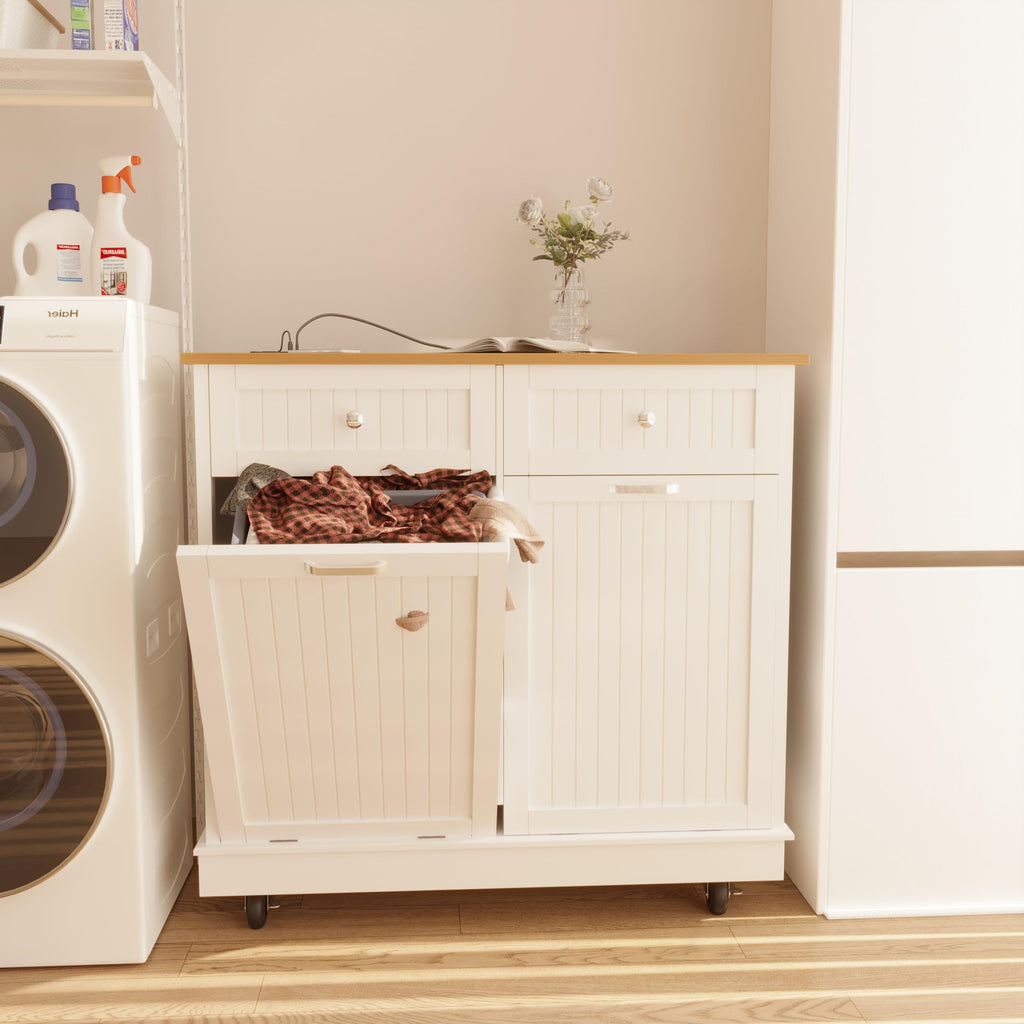 20 Gallon Wooden Tilt-Out Trash Can Cabinet with 2 Drawers, White B53464