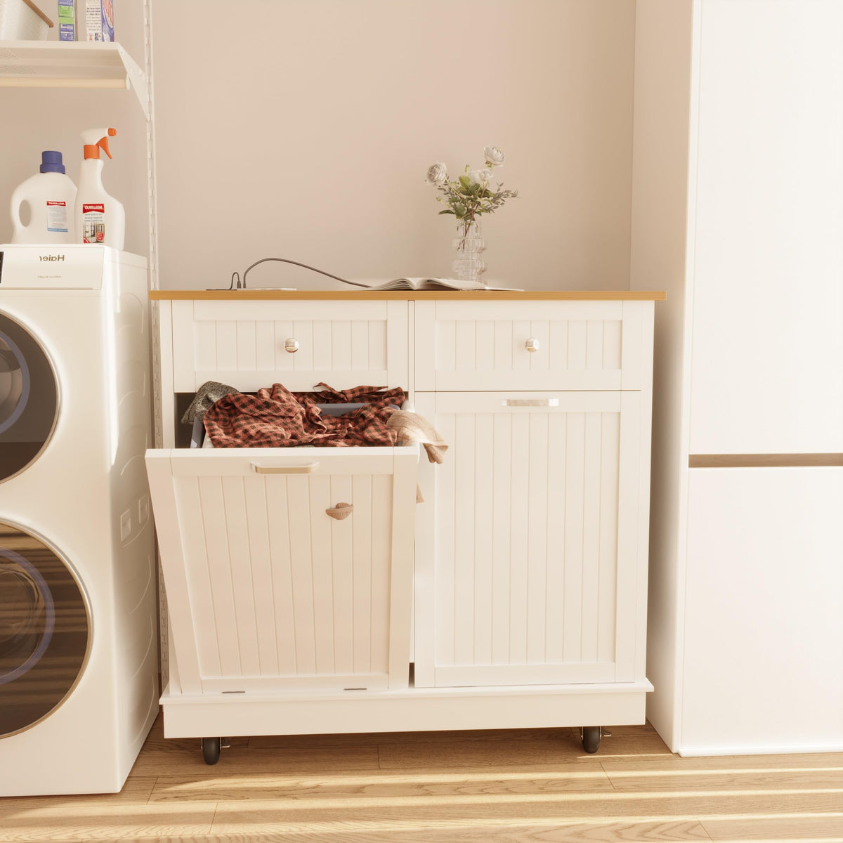 20 Gallon Wooden Tilt-Out Trash Can Cabinet with 2 Drawers, White B53464
