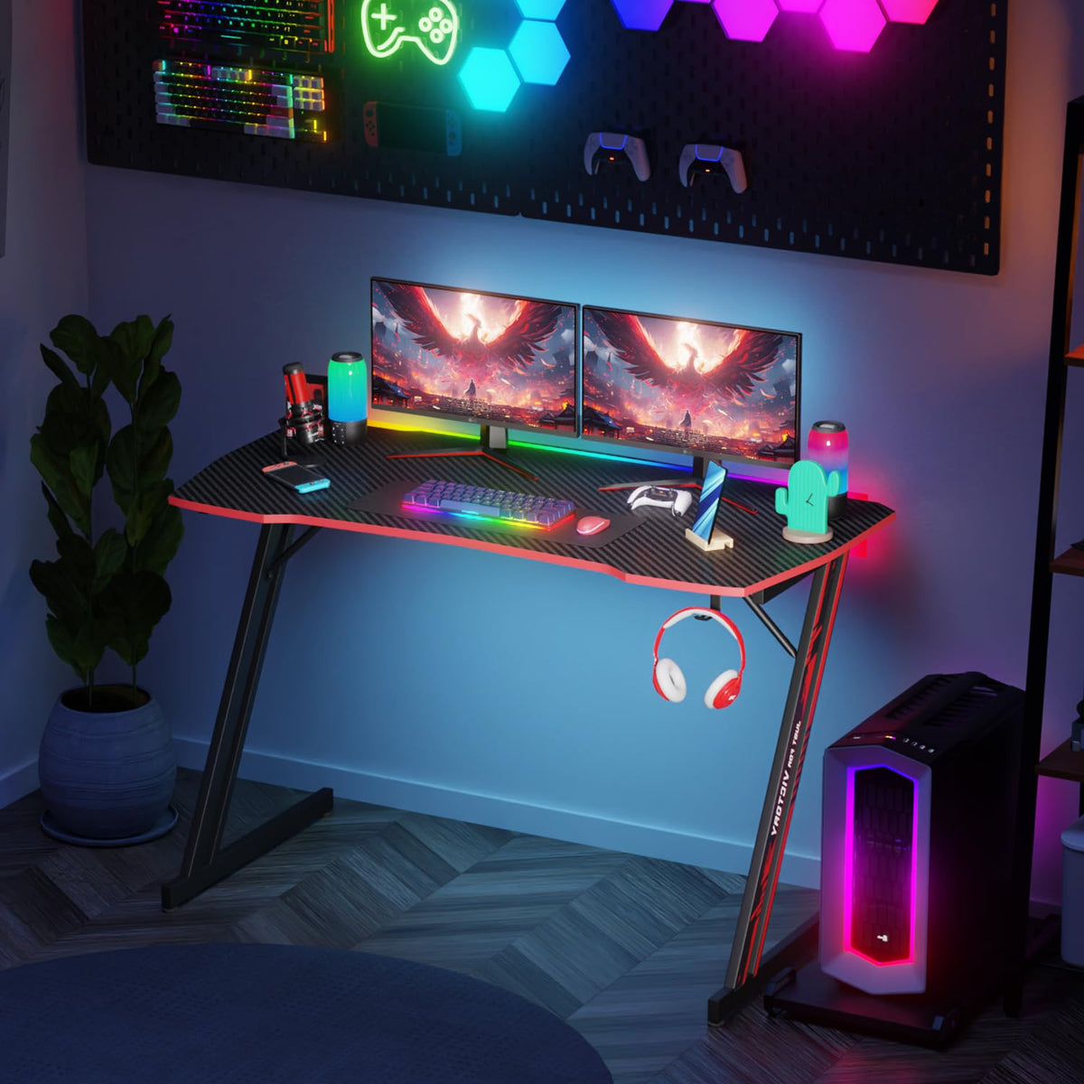 47.2 Inch Z Shaped Carbon Fiber Gaming Desk with Headphone Hook L2196