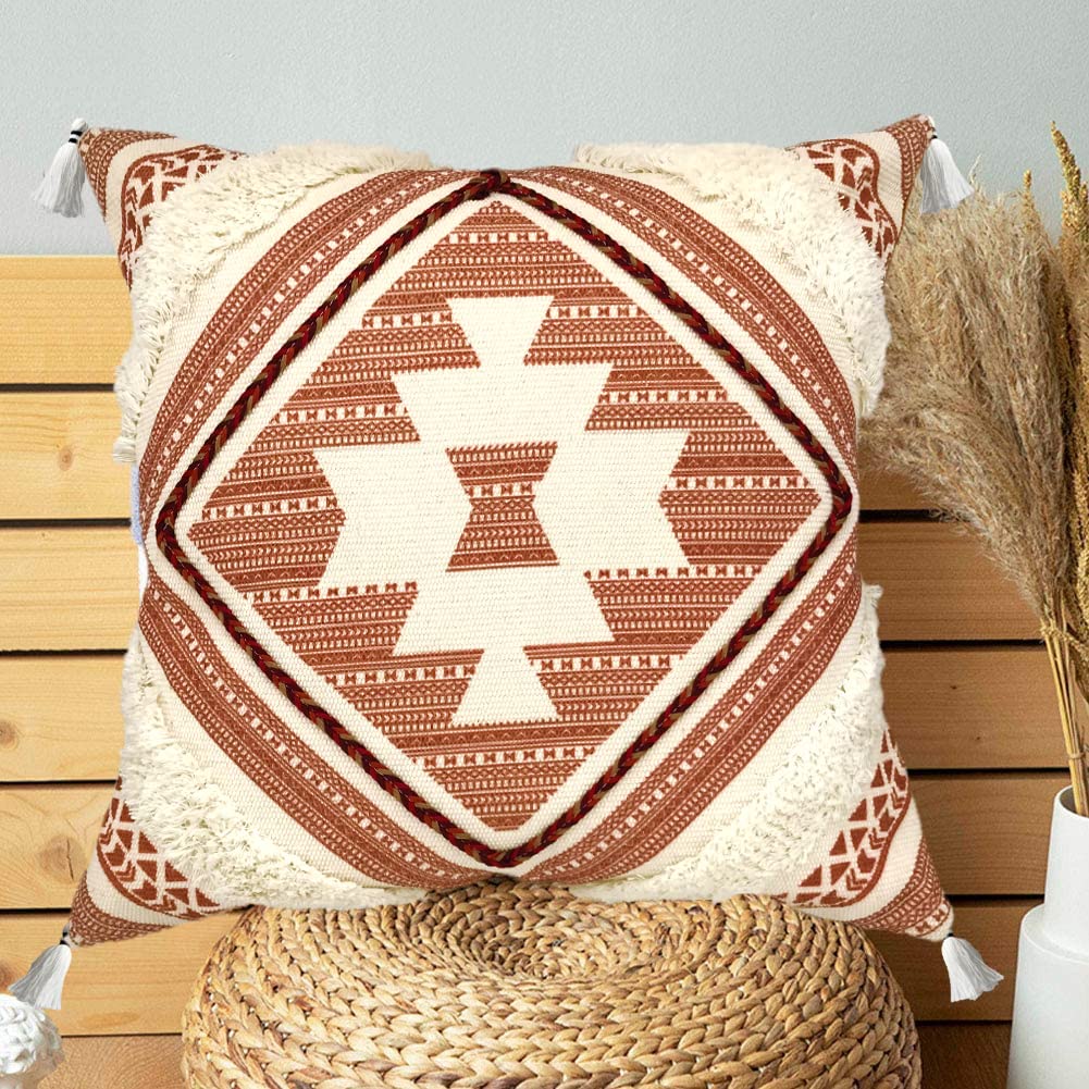 Boho Decorative Throw Pillow Cover with Tassels Fringe 18''x18'' H4792
