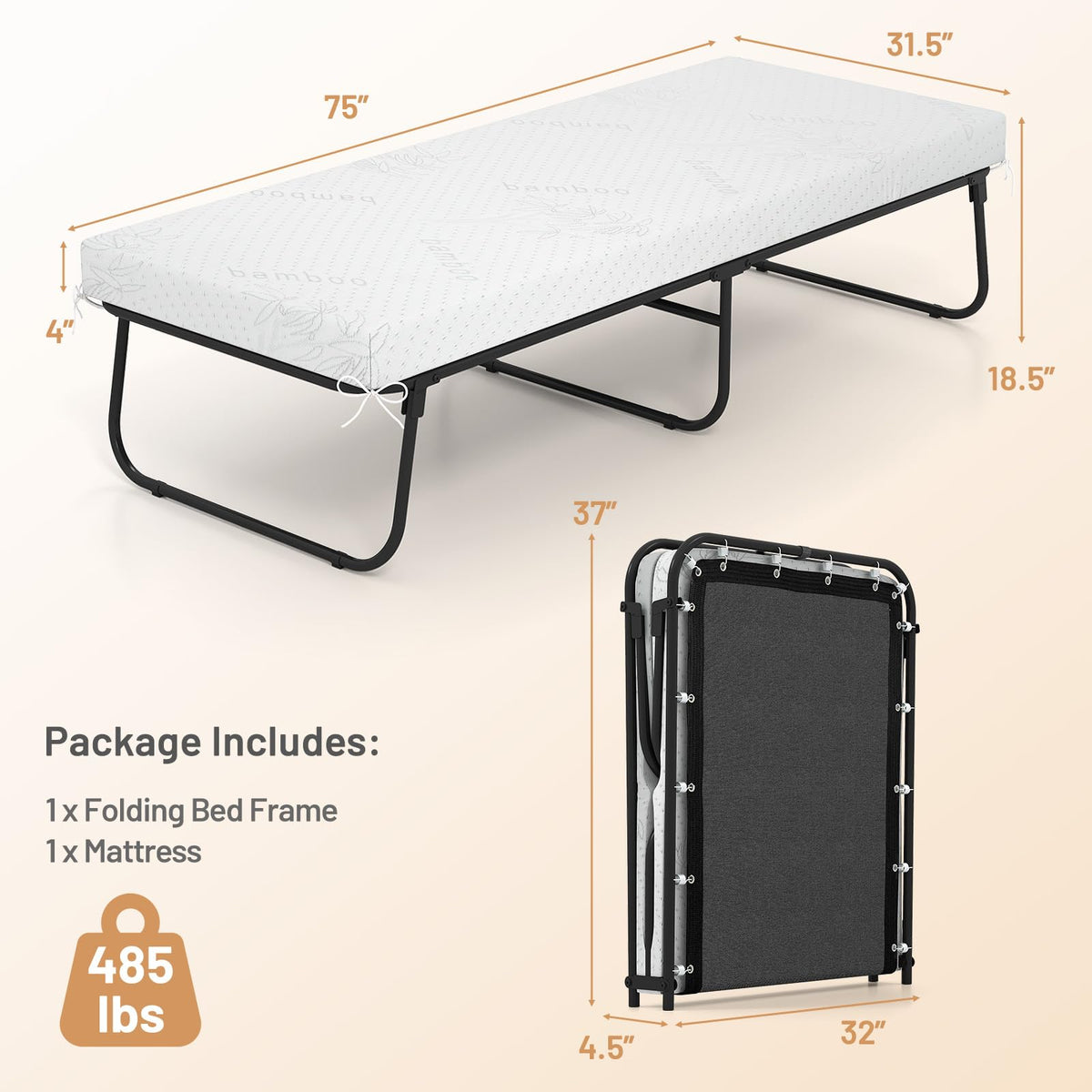 Folding Bed with Mattress Cot Size 75” x 31” Memory Foam Metal Frame C536