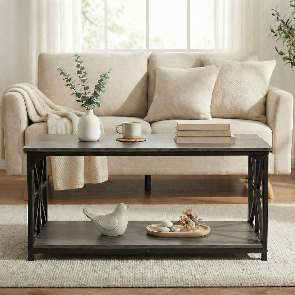 2-Tier Rectangular Coffee Table with Wooden Top and Metal Frame C2696