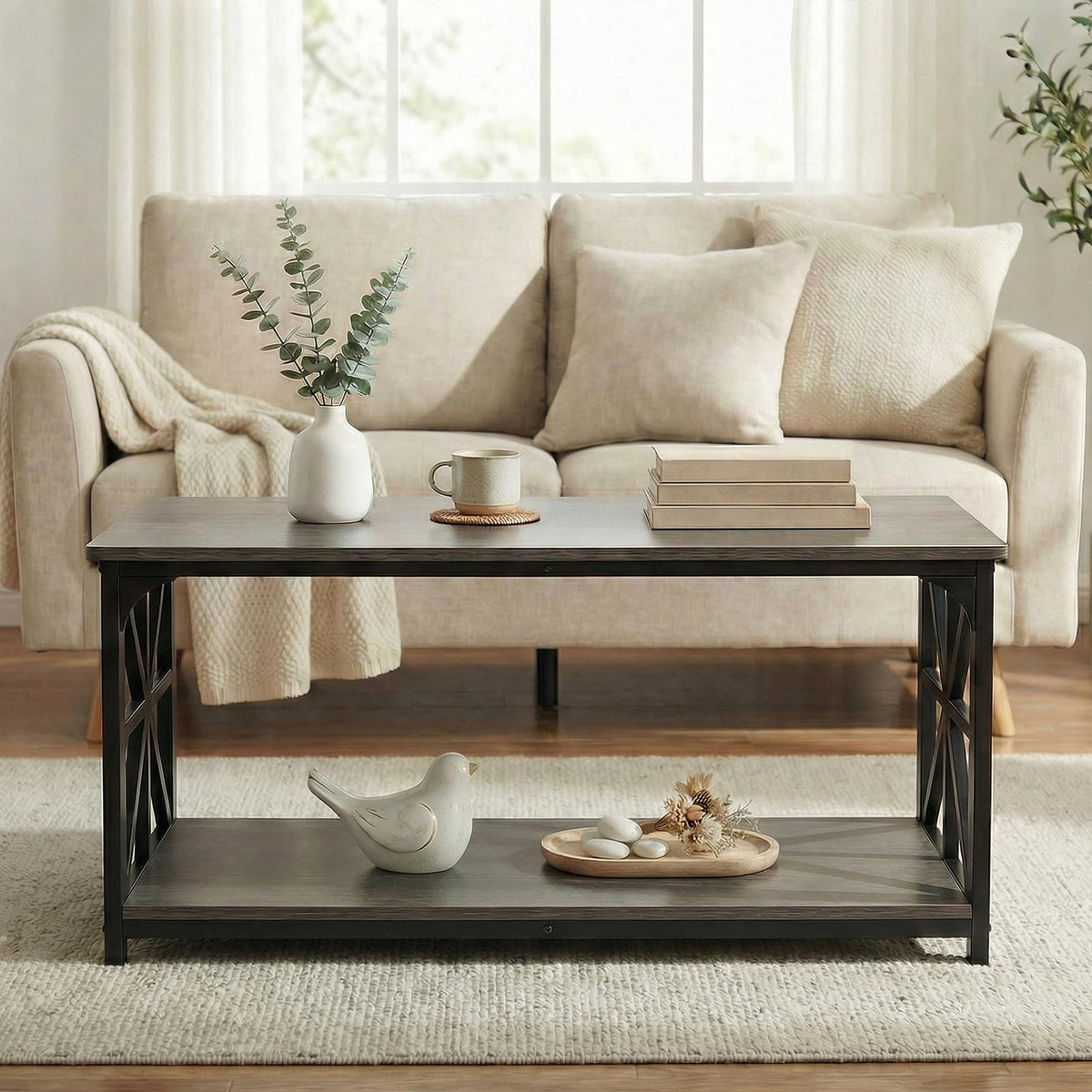 2-Tier Rectangular Coffee Table with Wooden Top and Metal Frame C2696