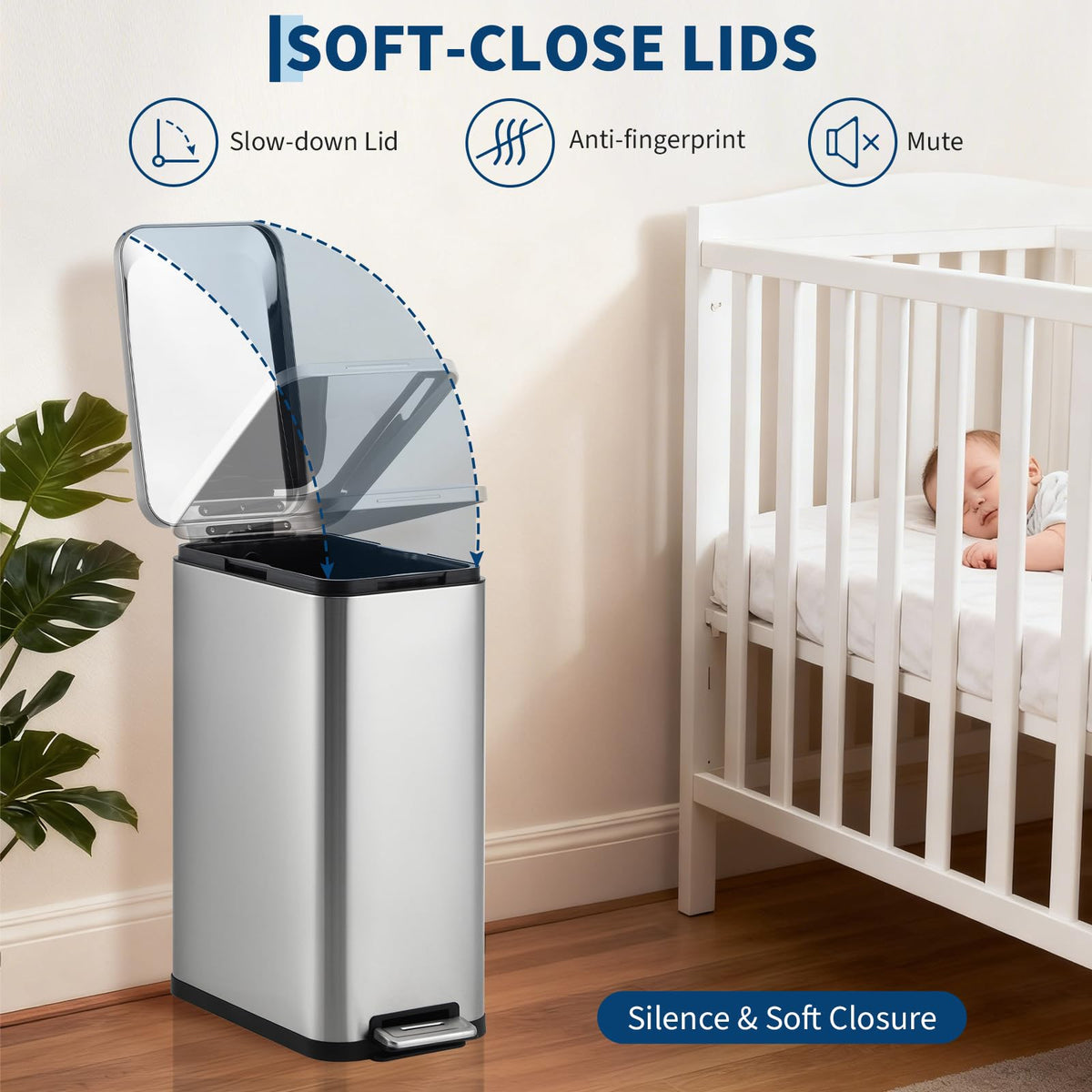 50L Slim Stainless Steel Step Trash Can with Soft-Close Lid J331