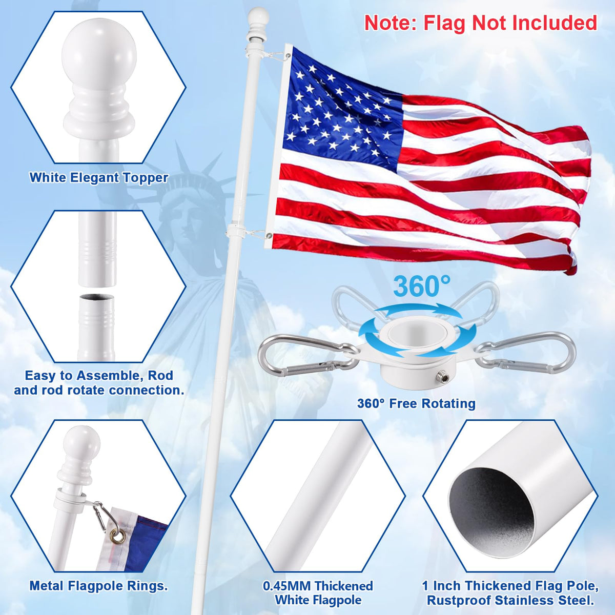White 5 FT Stainless Steel Wall Mount Flag Pole Kit with 360° Rotating Rings M214778