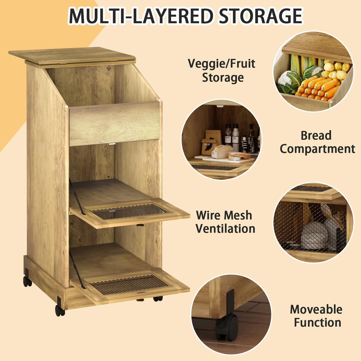 3 Tier Wooden Potato and Onion Storage Bin with Wheels B239