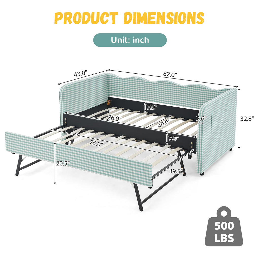 Twin Size Gingham Daybed with Trundle and Side Storage Pockets O834745