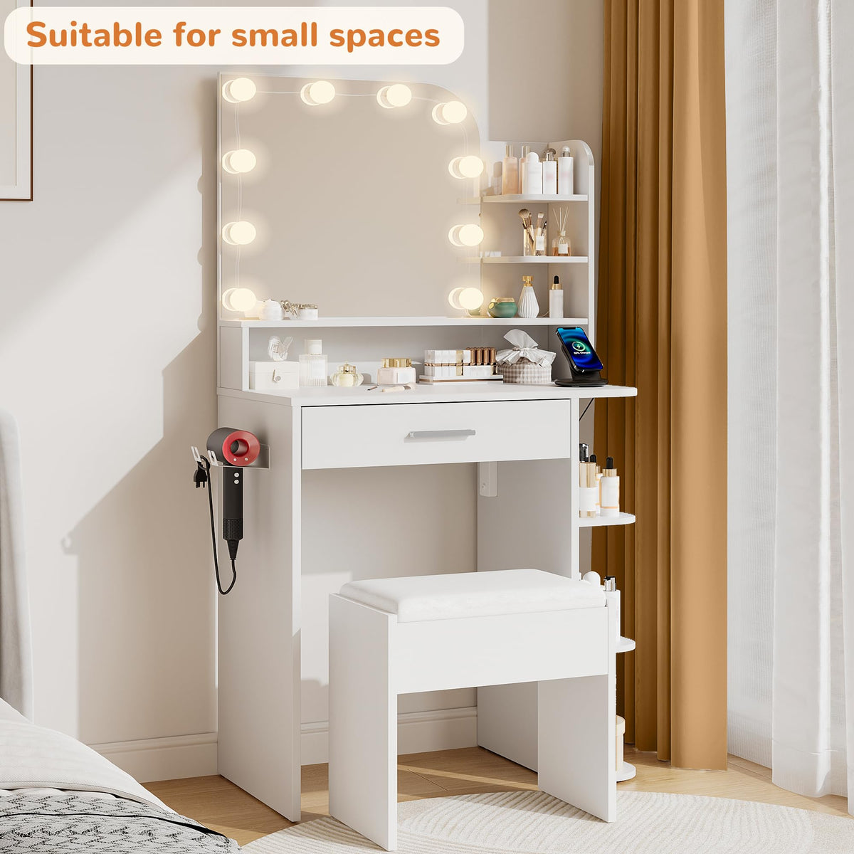 White Small Vanity Set with Chair, Mirror & Lights E4812
