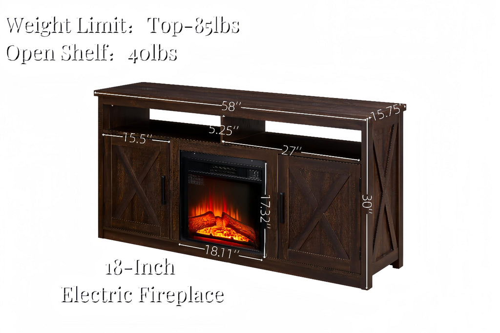 Farmhouse TV Media Stand with 18" Fireplace Insert, Espresso G694