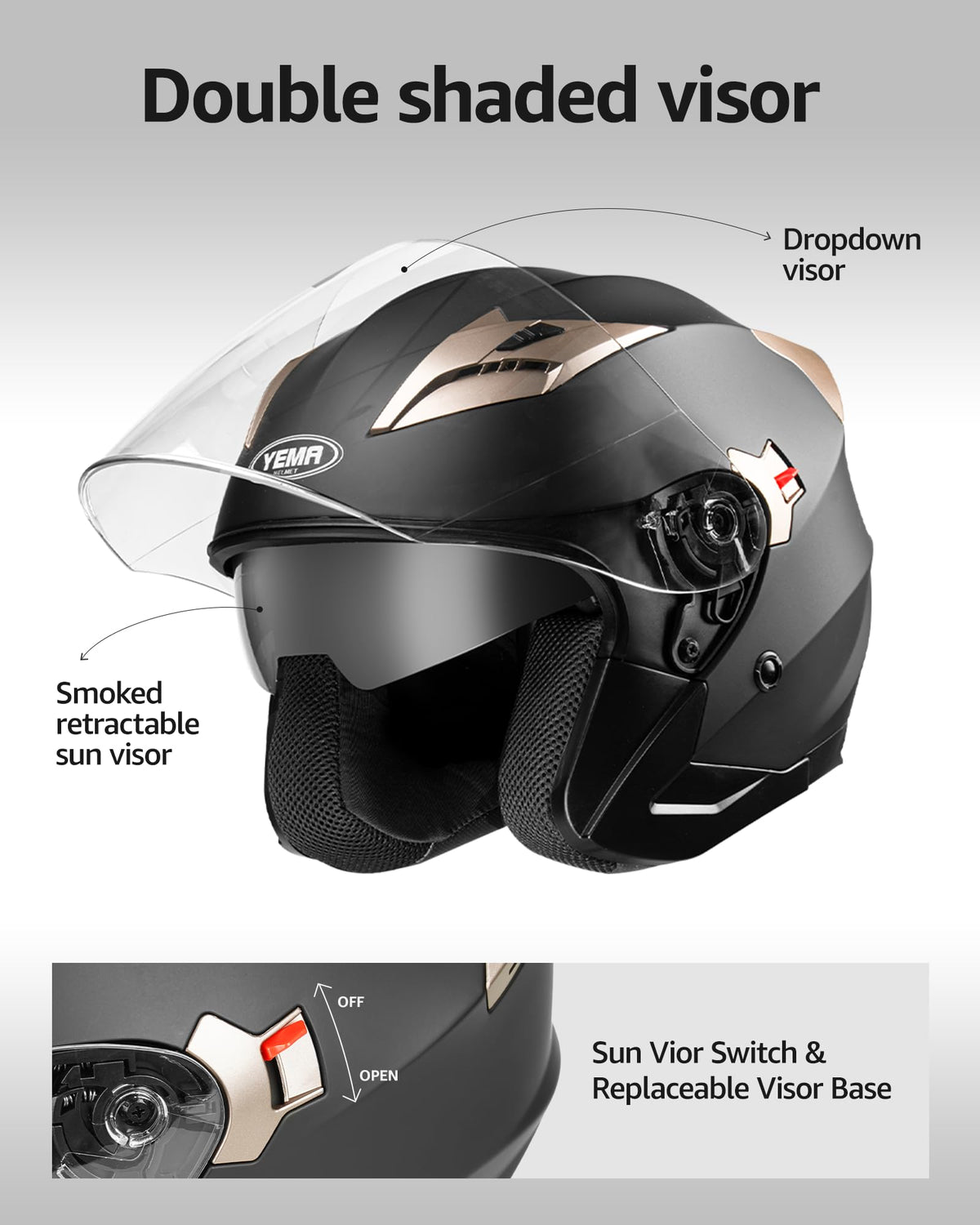 Open Face 3/4 Motorcycle Helmet DOT Approved Dual Visor U55548