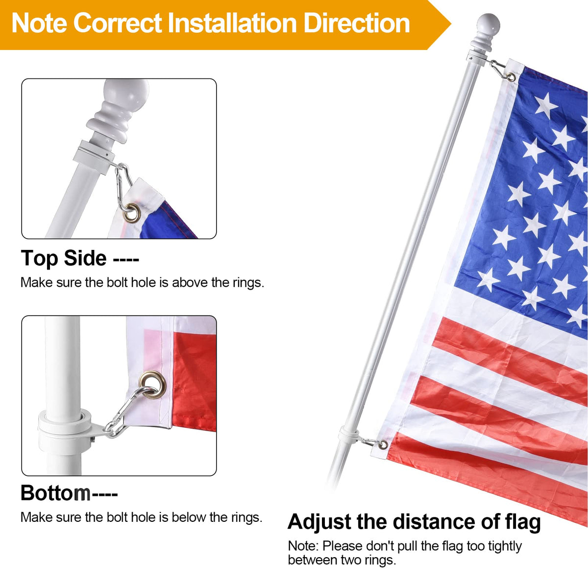 White 5 FT Stainless Steel Wall Mount Flag Pole Kit with 360° Rotating Rings M214778