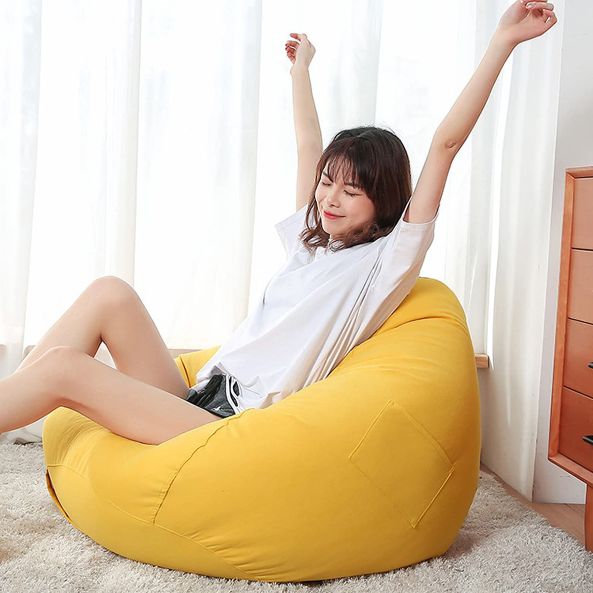 Yellow Bean Bag Chair Cover Only Washable Stuffed Animal Storage 90x110cm Z700406