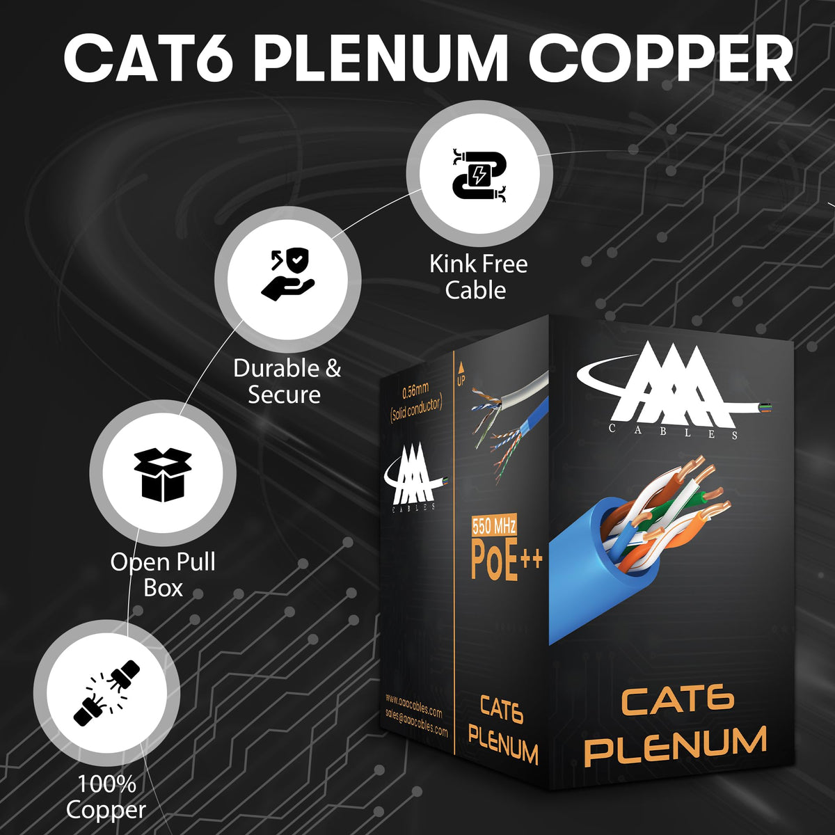 Cat6 Plenum Cable 1000Ft Bare Copper 23AWG Blue E594560