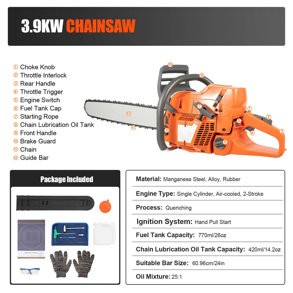 24 Inch 72cc 2-Cycle Gas Chainsaw Y48319