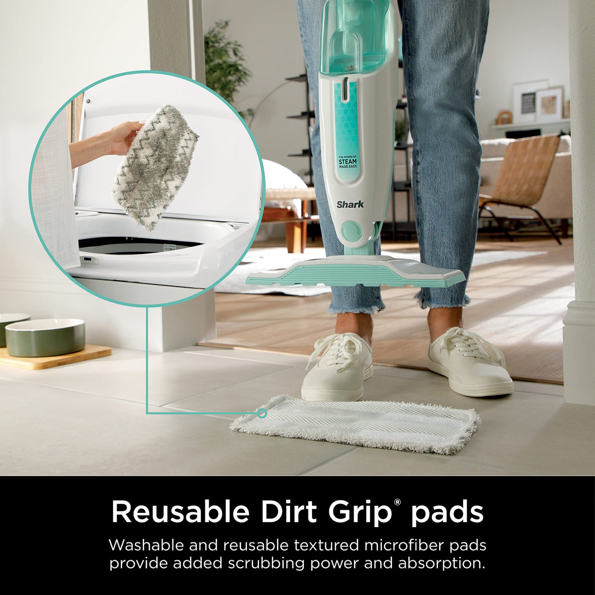 White Steam Mop with 2 Dirt Grip Pads U8157