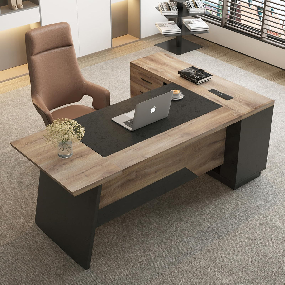 Black and Wood L Shape Executive Desk with Drawers and Shelves U637