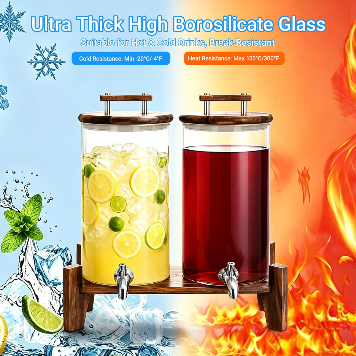 2 Pack 1.5 Gallon Glass Drink Dispensers with Stand and Lid B4980