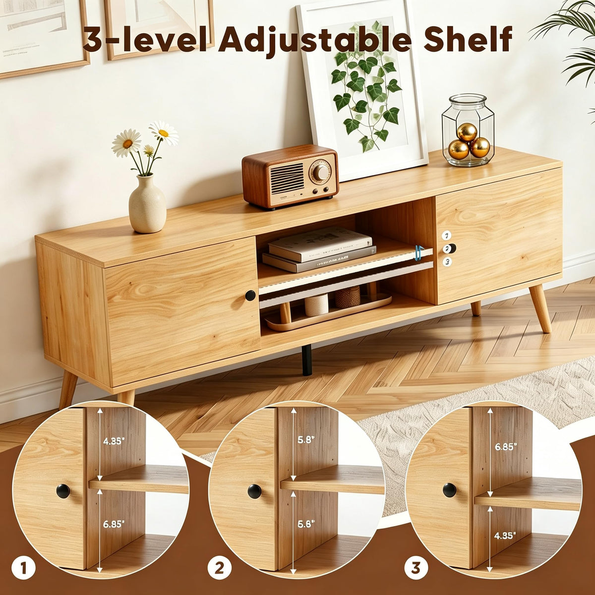 55 60 inch Wood TV Stand with 2 Cabinets K448