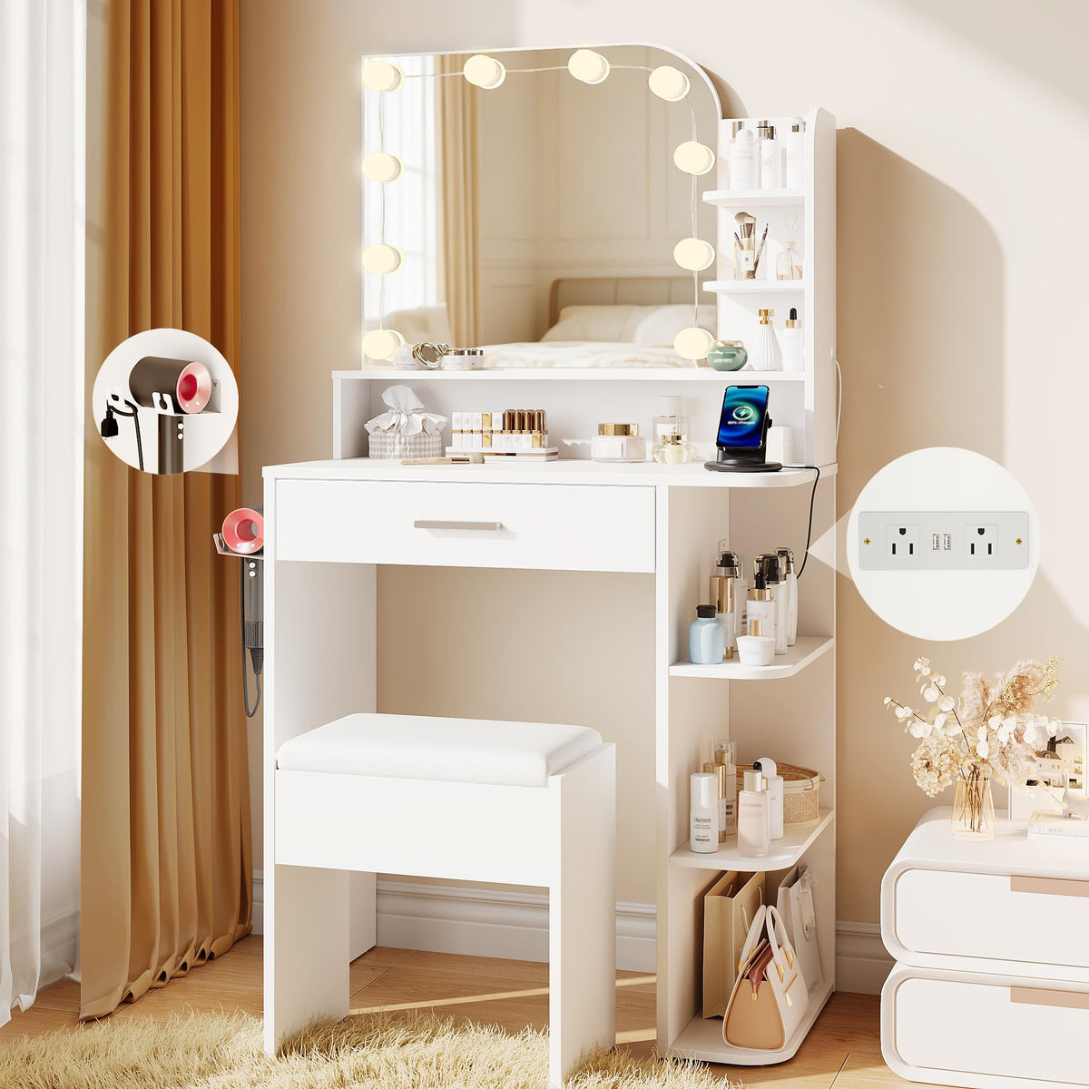 White Small Vanity Set with Chair, Mirror & Lights E4812